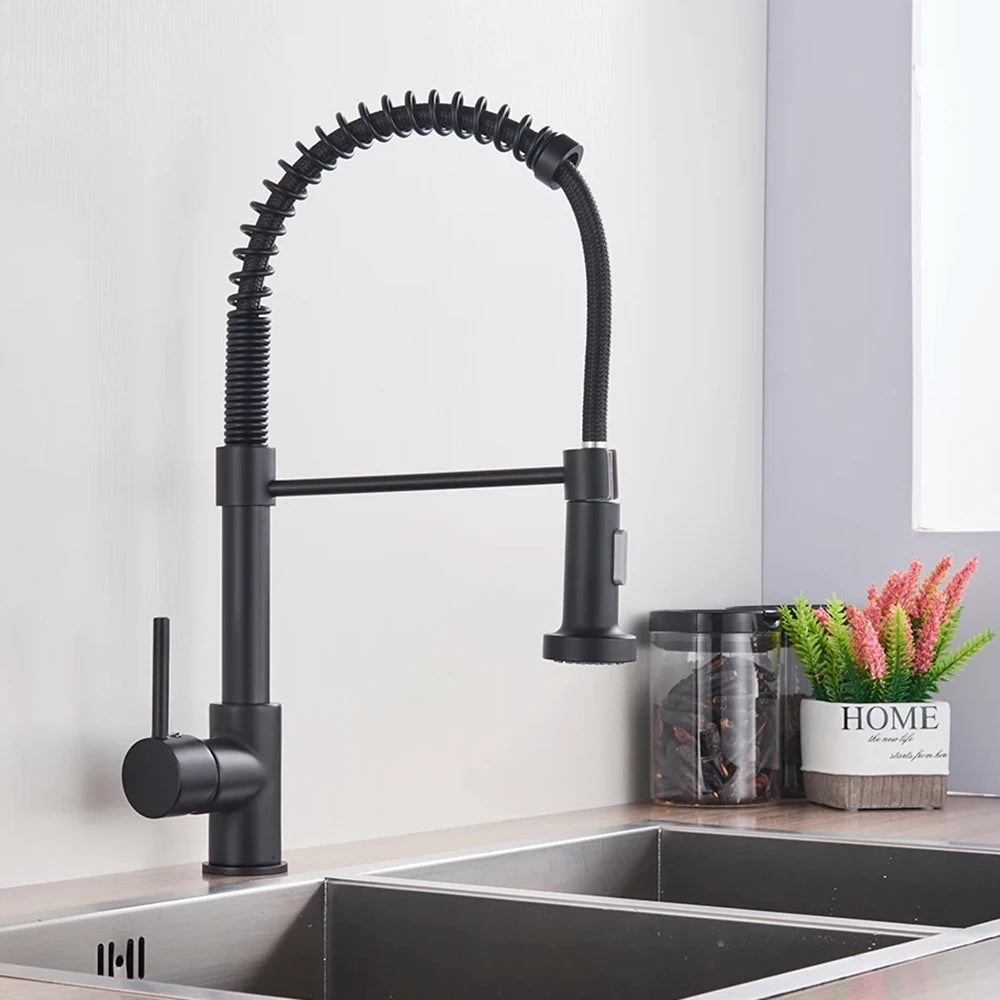 🚰 Pull-Down Kitchen Faucet – Matte Black Brass Spring Faucet with Dual Mode Nozzle | Hot &amp; Cold Mixer Tap for Single-Hole Sink Installation