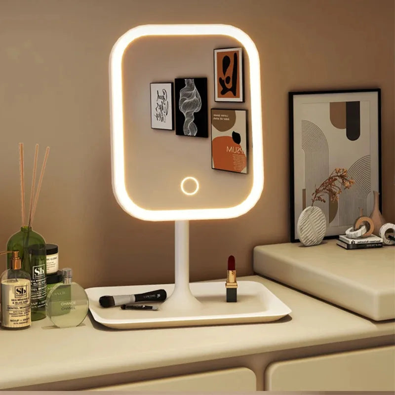 Niche Modern Desktop Vanity Mirror — 3-Color LED Touch Makeup Mirror for Bedroom Dressing Table