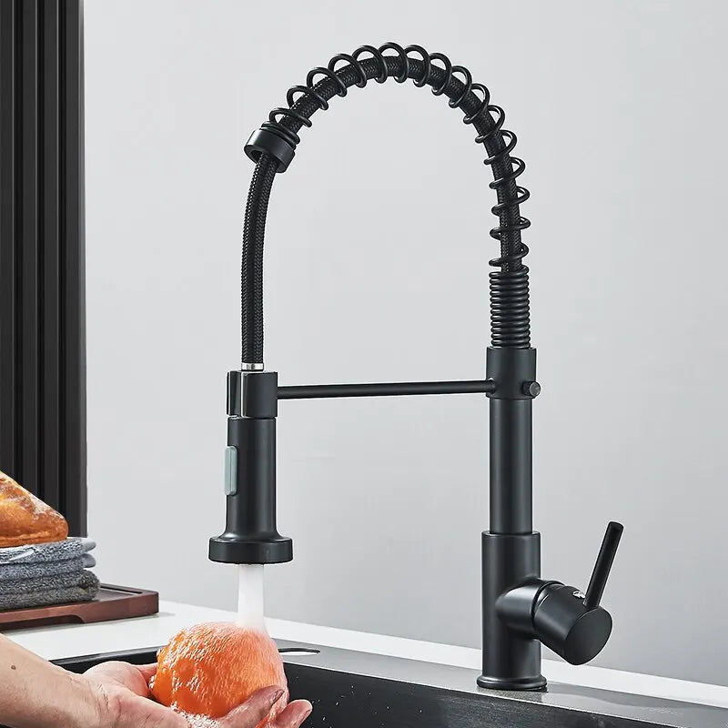 🚰 Pull-Down Kitchen Faucet – Matte Black Brass Spring Faucet with Dual Mode Nozzle | Hot &amp; Cold Mixer Tap for Single-Hole Sink Installation