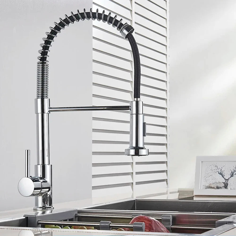 🚰 Pull-Down Kitchen Faucet – Matte Black Brass Spring Faucet with Dual Mode Nozzle | Hot &amp; Cold Mixer Tap for Single-Hole Sink Installation