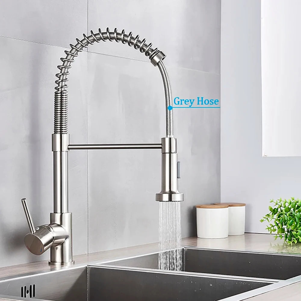 🚰 Pull-Down Kitchen Faucet – Matte Black Brass Spring Faucet with Dual Mode Nozzle | Hot &amp; Cold Mixer Tap for Single-Hole Sink Installation