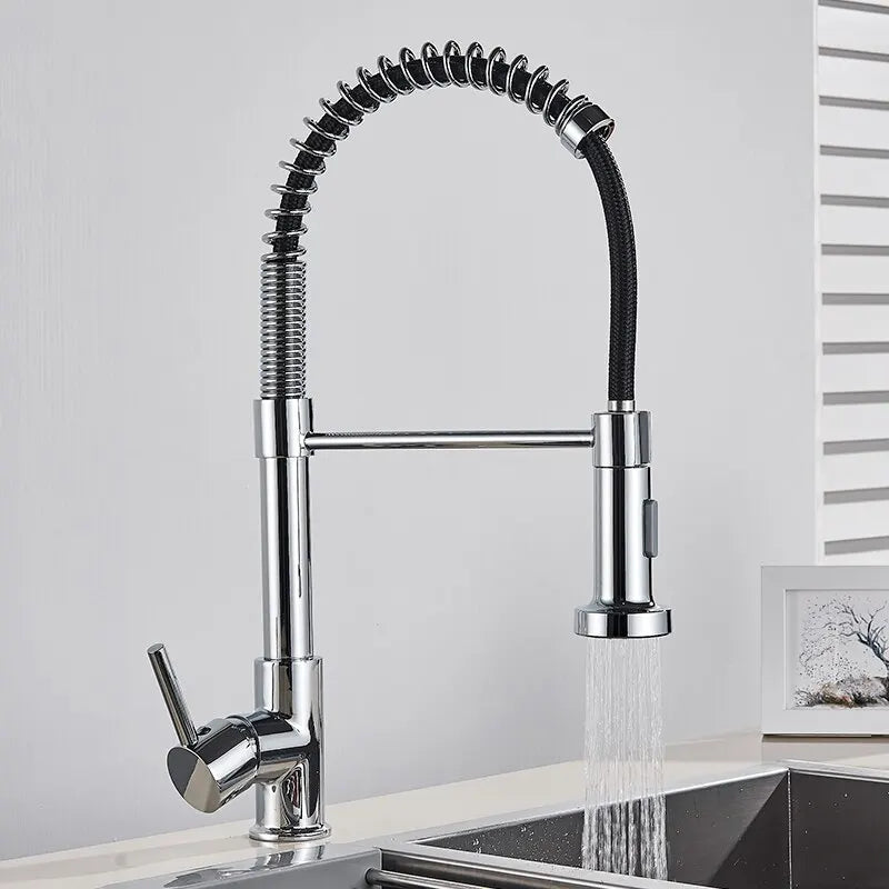 🚰 Pull-Down Kitchen Faucet – Matte Black Brass Spring Faucet with Dual Mode Nozzle | Hot &amp; Cold Mixer Tap for Single-Hole Sink Installation