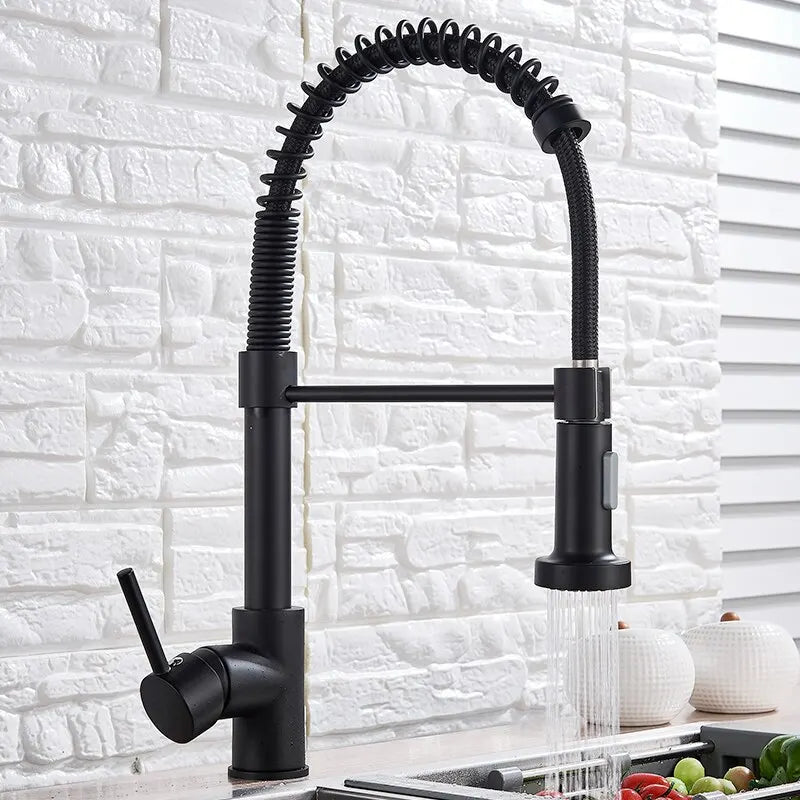 🚰 Pull-Down Kitchen Faucet – Matte Black Brass Spring Faucet with Dual Mode Nozzle | Hot &amp; Cold Mixer Tap for Single-Hole Sink Installation